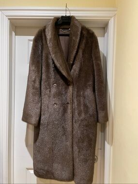 Elie Tahari Bianca Faux Mink Double-Breasted Long Coat XL Grandma Chic